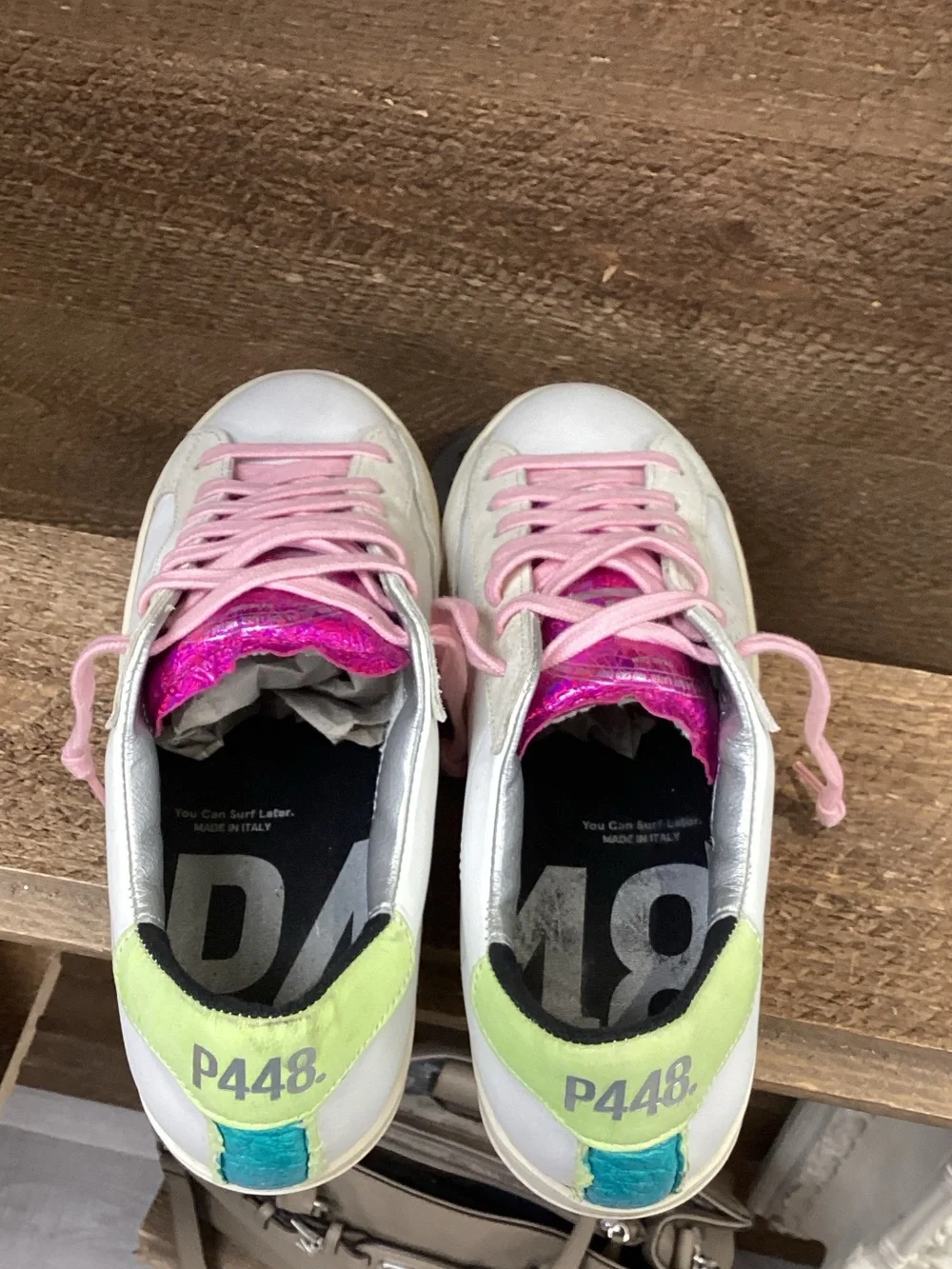 P448 White Sneakers with Pink Laces and Purple Tongue
